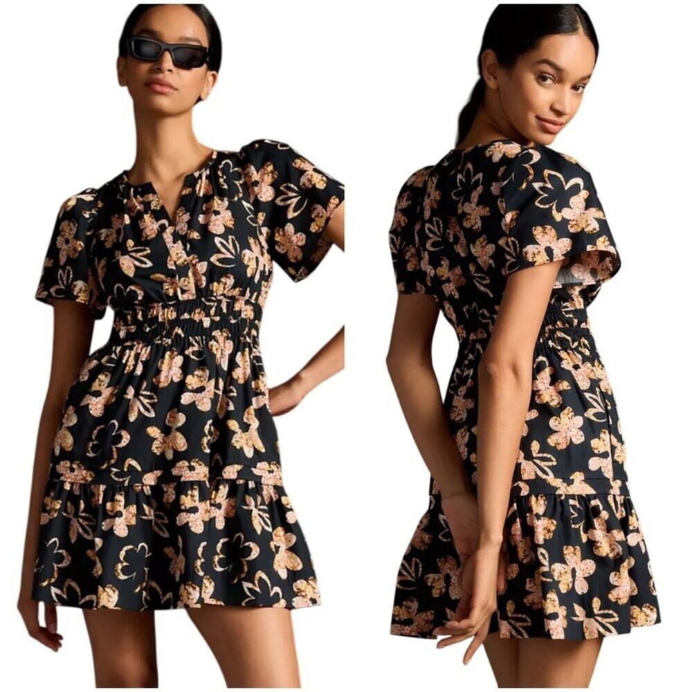 Anthropologie Somerset Mini Dress Neutral Floral Print Size Small Cotton